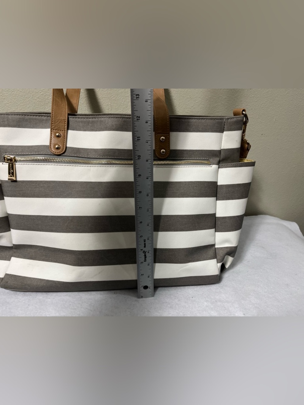 White Elm Aquila Tote Gray White Striped Canvas Diaper Work Bag Crossbody - Picture 15 of 16